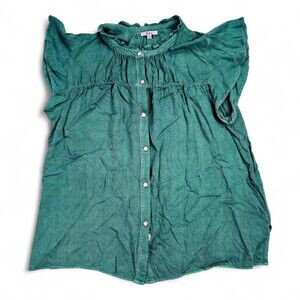 Rails Green Ruffle Button-Front Blouse Flutter Sleeve M